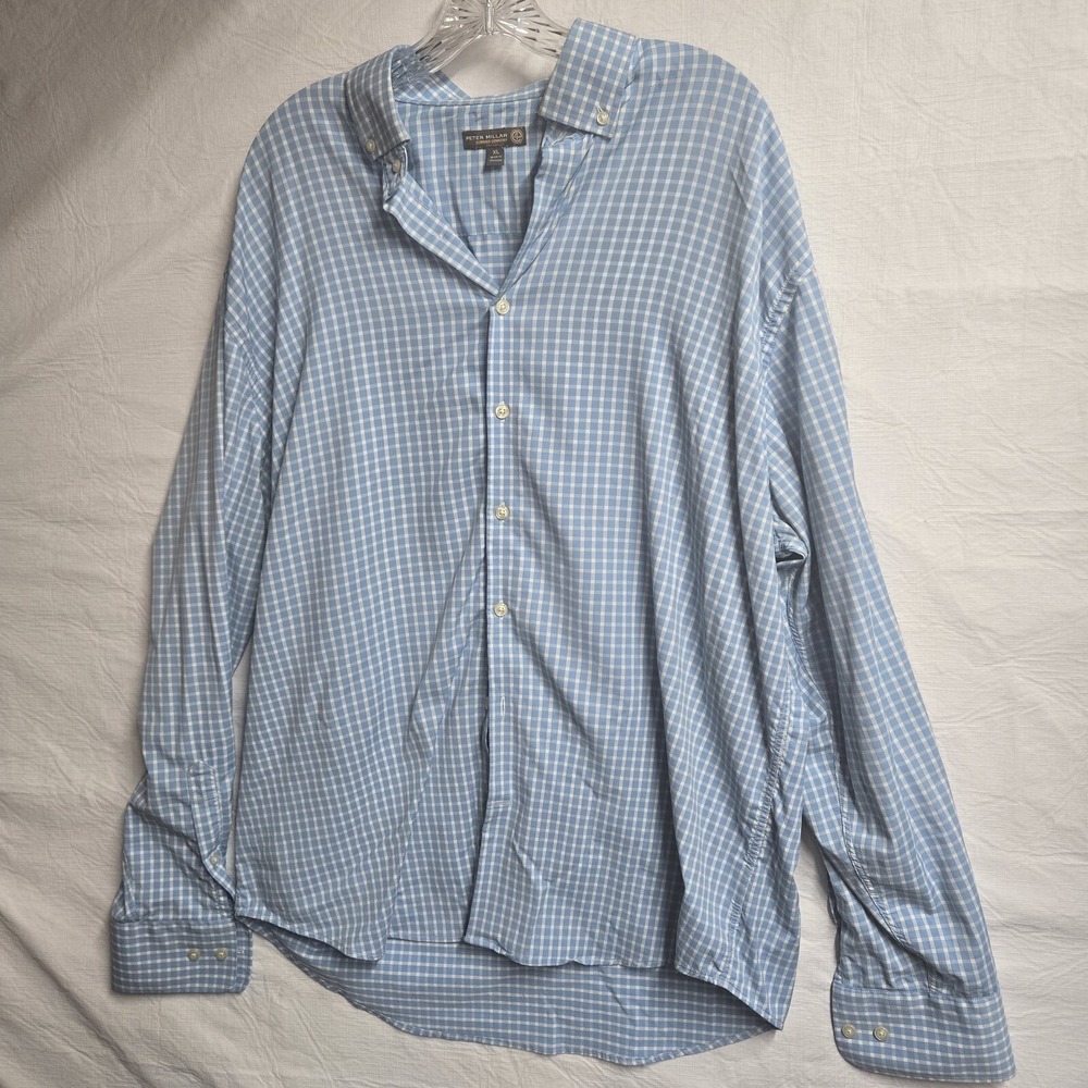 Peter‎ Millar Summer Comfort Long Sleeve Button Shirt Men's XL Blue Checks